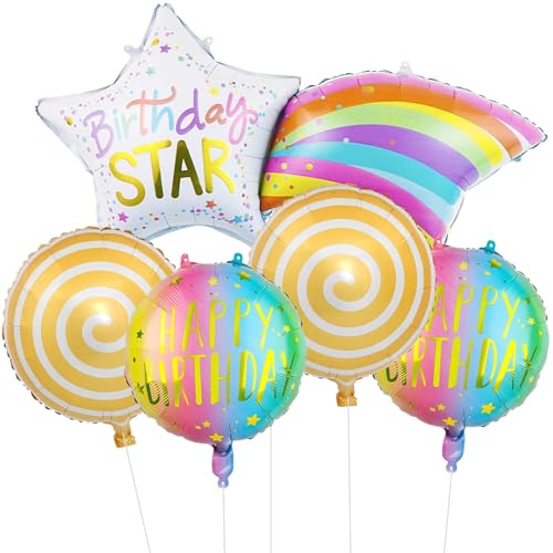 Image of Rozi Decoration Rainbow Foil Balloons Set - Pack of 5 | Star, Rainbow & Round Happy Birthday Balloons | Party Decorations for Kids, Boys, Girls, and Adults