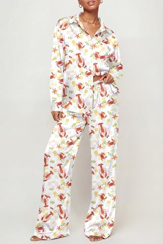 Image of Ekouaer Womens Satin Silky Pajama Set 2 Piece Print PJs Soft Loungewear Button Down Sleepwear with Elastic Waist Long Pants