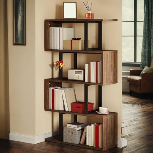 DWVO Geometric Bookshelf, 5-Tier Bookshelf S-Shaped Bookshelves, Industrial Geometric Bookcase Freestanding Multifunctional Storage Shelving for Living Room Home Office, Retro Brown