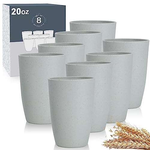 Wrova 20 oz Big Plastic Cups Reusable, Wheat Straw Cups Set 8PCS,Light Gray