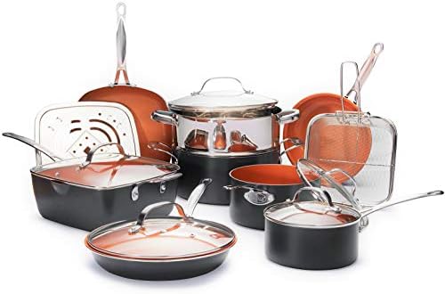 Gotham Steel Ultimate One Chef’s Kitchen Copper Coating – Includes Skillets, Stock Pots, Deep Square Pan with Fry Basket, 15 Piece Set