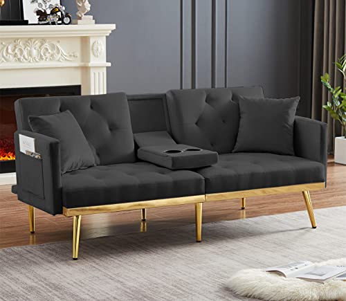 Hansones Futon Sofa Bed Modern Velvet Fabric Couch Bed Loveseat Convertible Daybed With 2 Cup Holders And Removable Armrests For For Compact Living Space Apartment Dorm Office,Gold Hem (Black) #TOP9