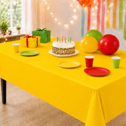 Image of Party Dimensions Yellow Plastic Tablecloths, 12 Pack, 54 x 108 Rectangle | Disposable Waterproof Plastic Table Cover for Birthdays, Weddings, Graduations, Picnics & BBQs, Indoor Outdoor, 6-8 ft Tables