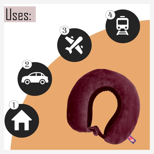 Image of Sassoon Memory Foam Travel Neck Pillow (Chestnut, Pack of 1) - Ergonomic Support, Soft Breathable Washable Cover, Lightweight with Carry Loop for Travel & Home