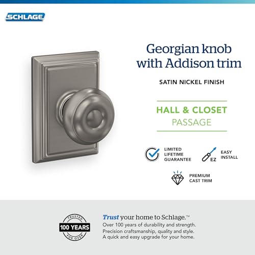 Image of Schlage F10 GEO 619 ADD Georgian Door Knob with Addison Trim, Hall & Closet Passage Lock, Satin Nickel