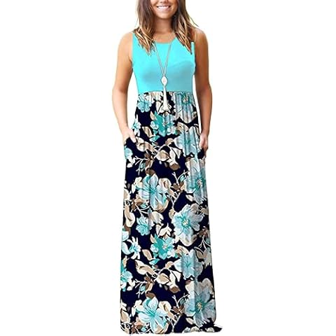 AUSELILY Maxi Dresses for Women UK Sleeveless Maxi Dress Loose Long Dresses with Pockets Light Blue L Cover
