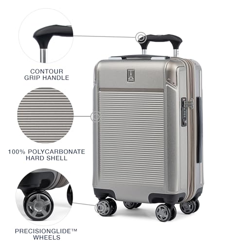 Image of Travelpro Platinum Elite Hardside Expandable Carry on Luggage, 8 Wheel Spinner, TSA Lock, Hard Shell Polycarbonate Suitcase, Metallic Sand, Compact Carry on 20-Inch