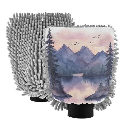 Flradish 2 Pack Watercolor Mountains Car Wash Mitt Chenille Microfiber Lint-Free Scratch Free Ultra-Soft Absorbent Car Wash Mitt 11.8x8.07 Inch