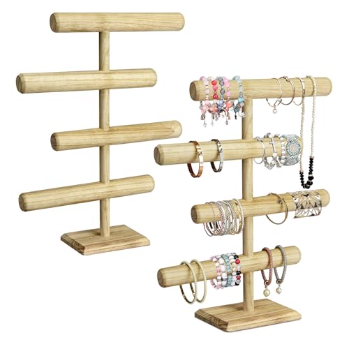MOOCA 2 Pcs Set 4-Tier Wooden Jewelry Display, Bracelet Holder Organizer, Wooden Jewelry Stand, Accessory Display Storage Organizer, Oak Color