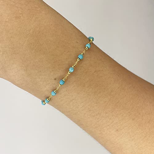 Image of Womens Dainty Gold Chain Bracelet,Simple Layered Chain Bracelets,Beaded Turquoise Bracelet,Charm Crystal Bar,Heart,Karma,Triangle,Pearl Bracelets for Women