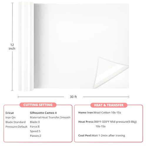 Image of HTVRONT White Heat Transfer Vinyl Roll - 12 inch x 30ft White Iron on Vinyl for Shirts, White HTV Vinyl Easy to Use, Easy to Cut & Weed for Heat Transfer Vinyl Design