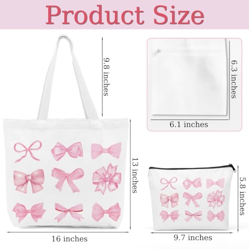 Pink Checkered Bows Canvas Tote Bag Set, Preppy Stuff Gifts for GirlsBirthday Reusable Shopping Grocery Bags3