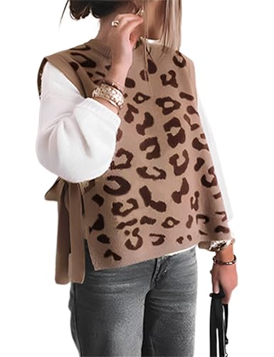 Image of Yeokou Women Leopard Print Sweater Vest Side Tie Knit Tank Tops Sleeveless Crew Neck Casual Fall Outfits(Camel-L)