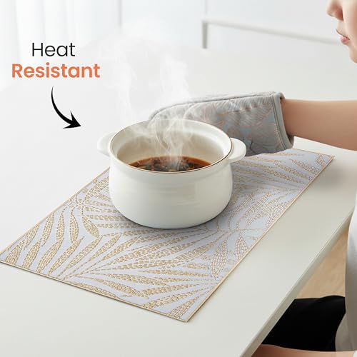 Image of Yellow Weaves 4 Pcs PVC Table Placemats, Dining Table Mat, Stain Resistant, Anti-Skid, Waterproof, Washable, Dining, Kitchen, Restaurant Table Set Easy to Clean, Durable (Fern Leaf Golden)