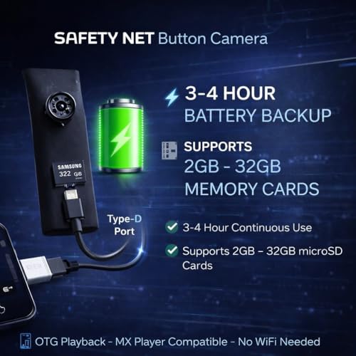Image of SAFETYNET Non-WiFi Button Style Mini Camera | Full HD 1080P Video Recording | Standalone Body-Worn Camera | 32GB Support | 2-3 Hours Battery Backup | Type-C Charging | Compact & Portable Design