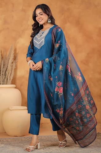 Image of Janasya Women's Silk Blend Yoke Embroidered Straight Kurta Set