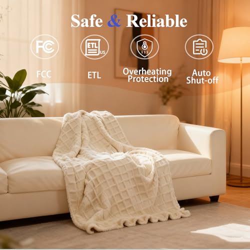 Heated Blanket Electric Throw, 50"X60" Waffle Heating Blanket with 12 Heat Levels, Fast Heating Blanket with 1-12 Timer Settings, Overheat Protection with ETL & FCC for Home Office Sofa (Milky White) by Eastsora - Used condition - Image 6