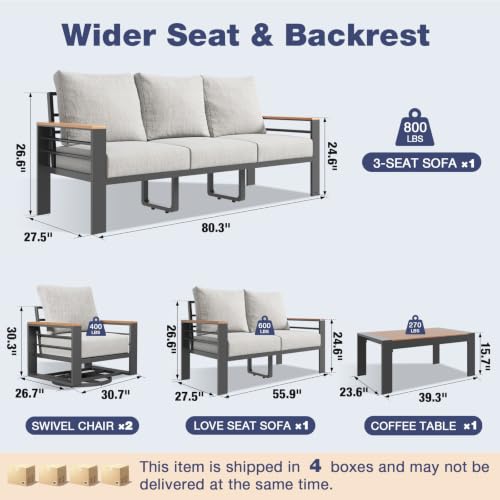 Image of Aoxun Aluminum Patio Furniture Set 7 Seats with Rocking Chair, Oversized Outdoor Sectional with Washable Thick Cushions, Coffee Table, Patio Conversation Sets for Porch, Balcony, Deck