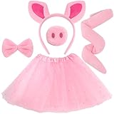 Exacoo Pink Pig Costume Set Fuzzy Pig Ears Headband Piggy Nose Tail Tutu Skirt Bowtie Kit Animal Circus Costumes Dress Up Halloween Cosplay Decoration Cute Piglet Outfit