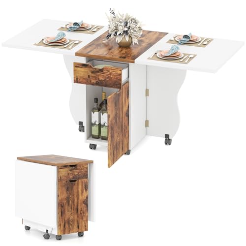 Giantex 3-in-1 Folding Dining Table for 4-6, 69-Inches Drop Leaf Kitchen Table with 2 Drawers and 2 Cabinets, Lockable Wheels, Foldable Dinner Tables for Small Spaces, Dinette (White+Brown)