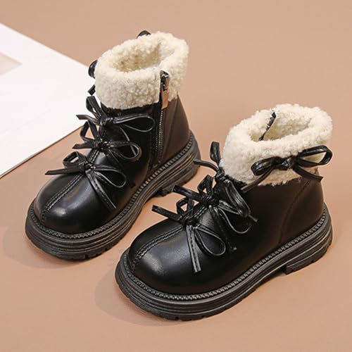 Winter Combat Boots for Big Kids, Girls Boys Fleece Lined Snow Shoes Fashion Bowknot Lace-Up Side Zipper Ankle Boot2