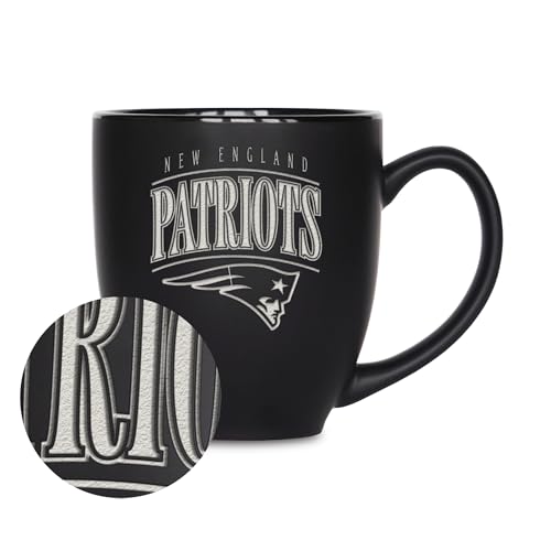 Rico Industries NFL Football New England Patriots Tribute 15oz Laser Engraved Matte Black Ceramic Bistro Mug - For Hot or Cold Drinks