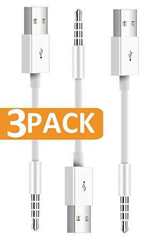 for iPod Shuffle Cable, 3-Pack 3.5mm Jack Plug to USB Power Charge USB Charger SYNC Data Cable Compatible for Apple iPod Shuffle 3rd 4th 5th Generation MP3/MP4