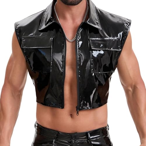 Camisa de piel sin mangas para hombre con cremallera y solapas 7