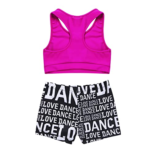 Kids Girls 2 Pieces Dance Outfit Raceback Crop Tank Sport Bra and Sport Shorts Letter Printed Boyshorts Set4
