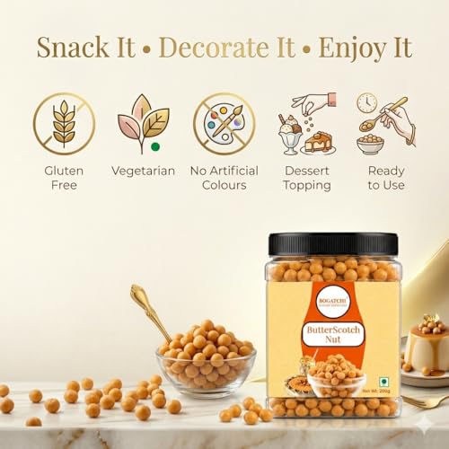 Image of BOGATCHI Crispy & Crunchy Butterscotch Chips (8mm) for Baking & Desserts | Premium Butterscotch Nuts Candy for Cakes, Ice Creams, Shakes, Muffins, Cookies & Chocolates | Gluten Free | 200g