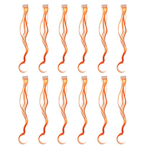 SWACC 12 Pcs Curly Wavy One Color Party Highlights Clip on in Hair Extensions For Women Colored Hair Streak Synthetic Hairpieces (Orange)
