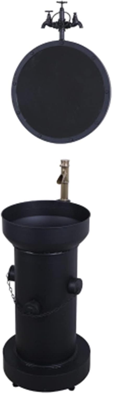 Metal Retro Industrial Style Pedestal Sink Basin with Mirror & Faucet - 87 * 43 * 46cm - Floor Standing Bathroom Unit for Bar, Restaurant, KTV(Black)