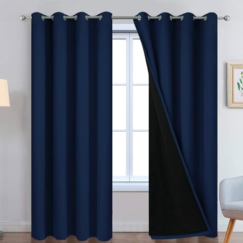 Image of Yakamok Navy Blue 100% Blackout Curtains 90 Inches Long 52 inch Wide, 2 Panels | Blackout Curtain Panels for Bedroom, 2 Thick Layers Grommet Top Thermal Insulated Drapes with Black Liner for Living Room