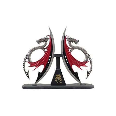 Wuu Jau H-548 Dual Fantasy Dragon Dagger Display with Wooden Stand, 11" Cover