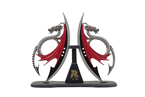 Wuu Jau H-548 Dual Fantasy Dragon Dagger Display with Wooden Stand, 11"