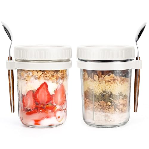 Image of Marve Glass Overnight Oats Jars With Spoon And Lid 350 ML, Airtight Oatmeal Container With Measurement Marks, Mason Jars With Lid For Cereal On The Go Container Yugart (Oats jar 2 Pcs)