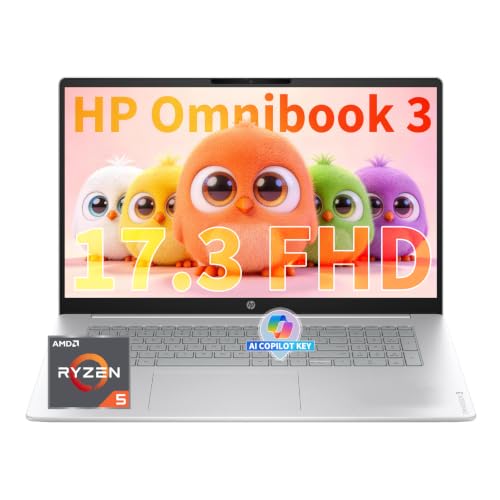 Image of HP OmniBook 3 17 inch FHD Laptop, AMD Ryzen 5, 8GB RAM 512GB SSD | AI Copilot, Wi-Fi 7, Bluetooth 6.0, 12H Long-Lasting Battery, Windows 11 Pro, Silver