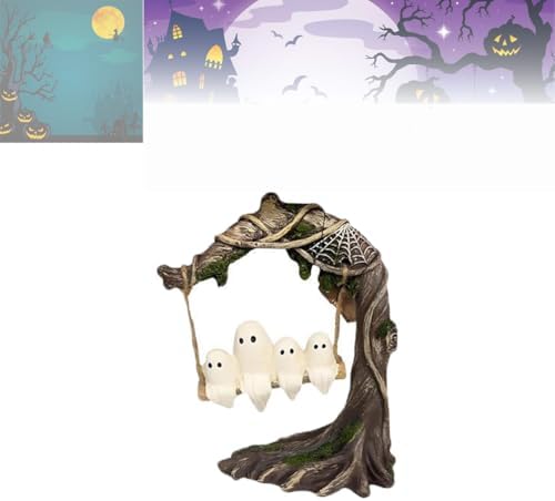 Ghost on a Tree Swing, 2026 New Cute Swinging Halloween Figurine, Spooky Yet Adorable Resin Decor for Indoor/Outdoor, Desktop, Bookshelf, Garden, Patio & Lawn (B)