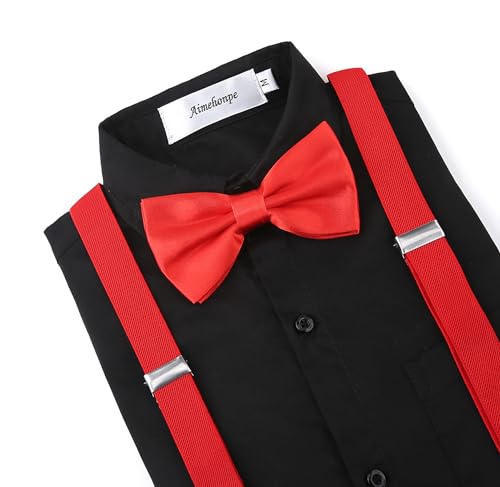 Boys Dress Shirt Long Sleeve Poplin Formal Uniform Woven with Bow Tie Set Suspenders Outfit3