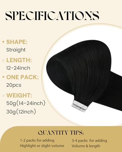 Image of Ve Sunny Hair Tape in Hair Extensions Human Hair Natural Black | Remy Hair Tape Extensions,20Inch 50g 20Pcs,Adhesive Skin Weft,for Prom Party