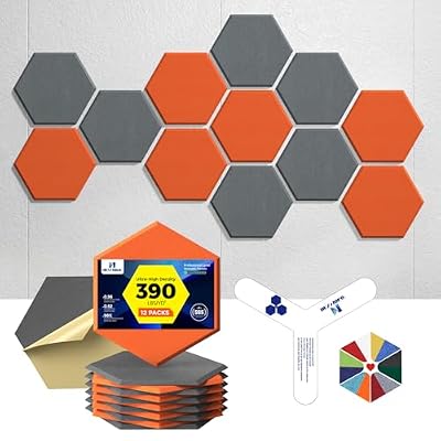 Self-Adhesive Acoustic Panels [390 lbs/yd³ Ultra-High Density], 2nd Generation Sound Absorbing Panel, Professional Level Sound Panel, Polyester Soundproof Foam [Large Hexagon, Orange & Moon Grey]