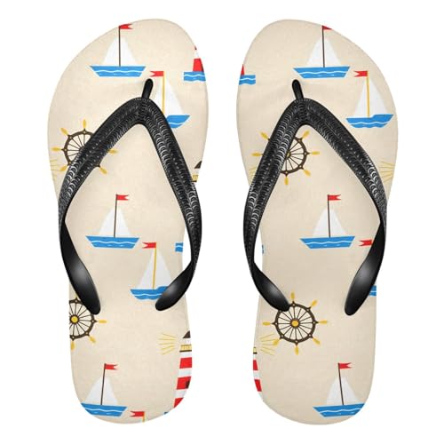 Sinestour Sailboat Lighthouse Beige Flip Flops for Beach Thong Sandals Anti-slip Lightweight Flat Slippers for Summer Travel Swim