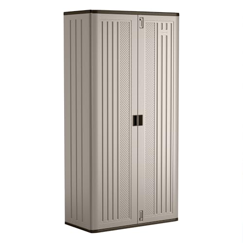 Suncast Mega Tall Storage Cabinet for Garage Organization - 31 Cu. Ft. Lockable Utility Closet with 3 Adjustable Shelves for Garden Supplies & Outdoor Tools, Multi-Wall Resin Construction, Platinum