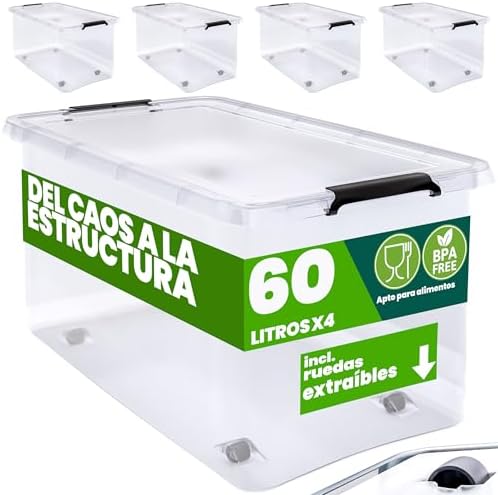 Deuba® 4 x Storage Boxes 60L Lid Transparent Locking Clips Storag...
