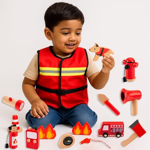 Image of WUDLY Wooden Fire Fighter Pretend Play Set, Educational Kids Toy with Fire Truck, Hydrant, Walkie Talkie, 14 Pieces, Red