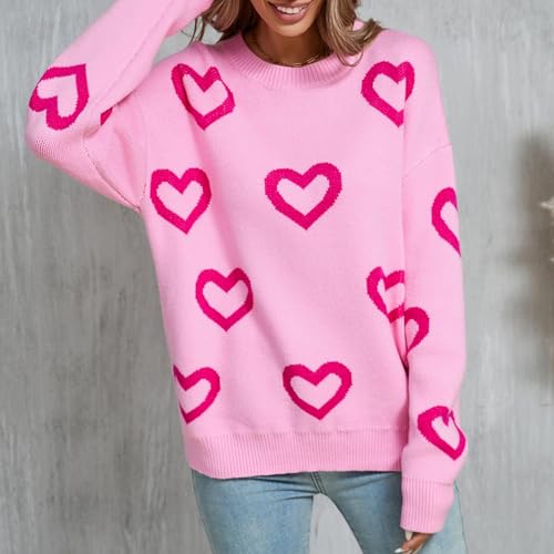 Image of Women Y2k Valentines Oversized Knit Sweater Heart Print Long Sleeve Crew Neck Loose Pullover Tops Streetwear