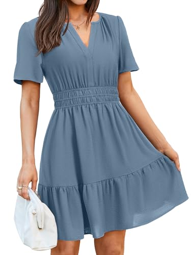 Image of Simplee Womens Casual Summer Dresses 2026 V Neck Short Sleeve Empire Waist Flowy A Line Ruffle Tiered Mini Sundress
