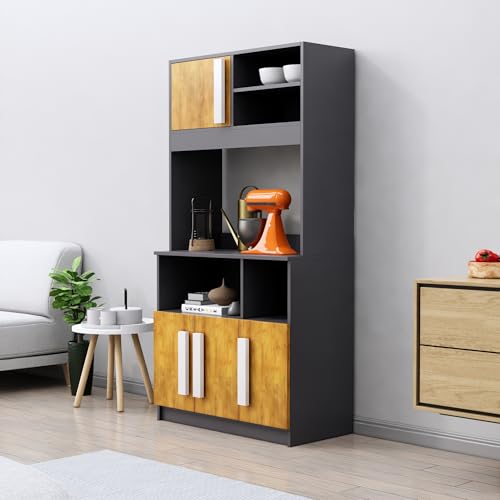 Image of Bniture Multipurpose Kitchen Cabinet | Engineered Wood Crockery Cabinet Modern with 4 Doors & Shelves | Crockery Unit for Dining Area | Kitchen Crockery Cabinet for Home | Slate Grey & Giant Wood