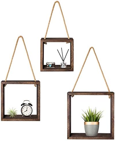 Mkono Hanging Square Floating Shelves Wall Mounted Set of 3 Boho Decor Rustic Wood Cube Shadow Boxes Decorative Shelf for Office Living Room Bedroom Apartment