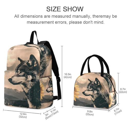 Backpack Lunch Bag Set Sunflower Wolf Print, Big Storage Travel Backpacks with Insulated Lunch Box for Office Hiking Picnic2